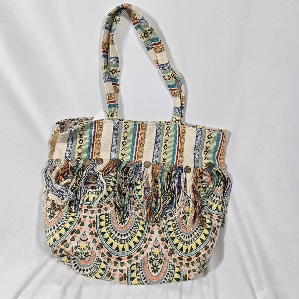 America & Beyond | Boho Fringe Beaded | Travel Tote | Cotton Blend